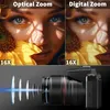 A collage showing a comparison of optical and digital zoom on a camera, a close-up of a woman's face with a sunflower, and a diagram of camera lenses. Produktbild-Vorschau