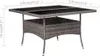 A grey poly rattan dining table with a glass top, shown with dimensions indicated by measurement lines and text. Náhľad obrázku produktu