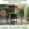 A grill gazebo with a grill underneath, shown in a split image depicting rainy and sunny conditions. Produktbild-Vorschau