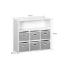 A white storage unit with six gray fabric baskets, showing dimensions. Anteprima dell’immagine prodotto