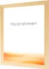 A wooden picture frame with a white background and a decorative wavy pattern at the bottom. Produktbild-Vorschau