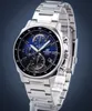 A close-up studio shot of a Casio Edifice chronograph watch with a blue dial and stainless steel bracelet, set against a dark blue background. Voir les images du produit