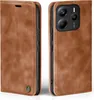 A brown leather flip case for a smartphone, shown from two angles. Produktbild-Vorschau