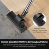 A vacuum cleaner head is shown on a floor, transitioning from carpet to hardwood. Produktbild-Vorschau