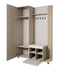 A modern entryway storage unit with a wardrobe, shelves, and a bench. Produktbild-Vorschau