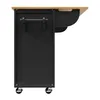 A side view of a black kitchen cart with a wooden countertop and wheels. Produktbild-Vorschau