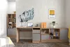 A modern bedroom or study with a desk, shelving unit, and a bed. The wall features graffiti art and a framed picture. Náhľad obrázku produktu