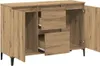 A wooden sideboard with two doors open, revealing drawers inside, against a white background. Náhľad obrázku produktu