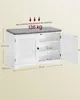 A white shoe cabinet with a gray upholstered top, showing dimensions and load capacity. Produktbild-Vorschau