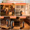 A collage of images showing a portable heater in various settings: outdoors, a bathroom, an office, a living room, and a bedroom. Produktbild-Vorschau