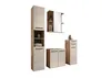 A set of bathroom furniture pieces including a tall cabinet, a wall-mounted cabinet with a mirror, a low cabinet with two doors, and a tall drawer cabinet. Produktbild-Vorschau