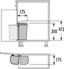 Diagram showing dimensions and placement of a pull-out trash bin system within a cabinet. Produktbild-Vorschau