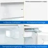 A collage of four images showing different features of a white built-in refrigerator. Produktbild-Vorschau
