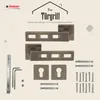 A product shot of door handles and associated hardware, arranged on a light beige background. Produktbild-Vorschau