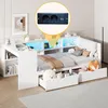 A white bed with integrated desk and storage, featuring LED lighting. Voir les images du produit
