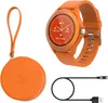 An orange smartwatch, its charging cable, and a round storage case are displayed against a white background. Voir les images du produit