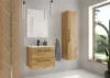 A modern bathroom vanity with a wooden finish, a mirror, and a tall cabinet, next to a window. Produktbild-Vorschau