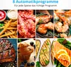 A collage of various cooked foods, including fries, bacon, chicken, shrimp, steak, muffins, eggplant, and salmon. Produktbild-Vorschau