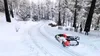 A rally car driving on a snowy road through a forest. Produktbild-Vorschau