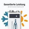 A battery is shown with graphics representing cold and heat, indicating performance in extreme temperatures. Produktbild-Vorschau