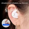 Close-up of a person's ear with a white wireless earbud inserted, showing musical notes overlaid. Produktbild-Vorschau