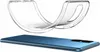 A clear phone case is shown hovering above a blue smartphone. Produktbild-Vorschau