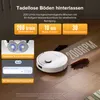 A white robot vacuum cleaner is shown on a wooden floor, cleaning up a spill. Text overlays highlight its features. Produktbild-Vorschau