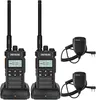 Two black Retevis walkie-talkies are shown in their charging docks, with two separate microphones to the right. Produktbild-Vorschau