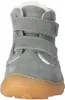 A close-up, front-facing view of a gray baby bootie with white fur lining and brown soles. Produktbild-Vorschau