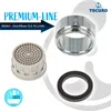 A product image showing a faucet aerator, a metal adapter, and a rubber gasket, with marketing text and a brand logo. Produktbild-Vorschau