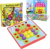 A collage of a button mosaic toy set, including the product packaging and various game boards with colorful buttons. Produktbild-Vorschau
