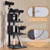 A multi-level cat tree with scratching posts and platforms, shown in a room setting with wall anchors for stability. Produktbild-Vorschau