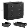 A black dresser with four drawers and gold knobs, shown with dimensions and close-ups of two drawers. Produktbild-Vorschau