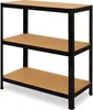 A three-tier black metal shelving unit with brown particle board shelves, shown against a white background. Produktbild-Vorschau