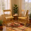 Two wooden folding chairs are set up on a rug in a room with large windows, a small side table, and houseplants. Produktbild-Vorschau