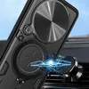 A black phone case with a magnetic ring is attached to a car vent mount, with blue electrical sparks indicating magnetic attraction. Produktbild-Vorschau