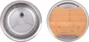 A top-down view of a stainless steel sink and a wooden cutting board. Produktbild-Vorschau