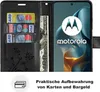 A black flip case for a Motorola phone, showing credit cards and cash inside. Produktbild-Vorschau