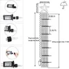 Collage of images showing details of a star-shaped waterfall LED light string, including close-ups of the plug and power adapter, and a diagram with dimensions. Produktbild-Vorschau