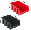 Two stackable storage bins, one red and one black, with dimensions indicated by measurement lines and text. Náhled obrázku produktu