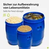 Three blue plastic barrels filled with different food items, with text overlay. Produktbild-Vorschau
