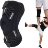 A collage showing a black knee brace on the left and a man performing a martial arts kick wearing a similar knee brace on the right. Produktbild-Vorschau