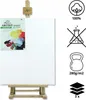 A white canvas on a wooden easel, with packaging on the left and icons on the right. Produktbild-Vorschau