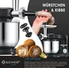 A collage showing a kitchen mixer with a meat grinder attachment, sausages being made, and prepared Kibbe. Produktbild-Vorschau