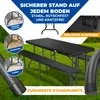 A black folding picnic table and benches set displayed on a grassy lawn with marketing text overlays. Produktbild-Vorschau
