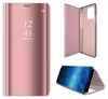 A collage of images showing a rose gold flip phone case with a clear view mirror. Produktbild-Vorschau