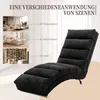 A collage showing a black chaise lounge in different room settings, with text indicating its versatile use. Produktbild-Vorschau