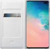 A white book-style phone case is open, revealing a slot for a card and a smartphone with a colorful screen. Podgląd zdjęcia produktu