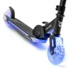 Close-up of a black scooter with blue LED lights on the wheels and deck, shown from a diagonal angle. Voir les images du produit