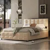 A modern bedroom with a beige upholstered bed, a floor lamp, and a window with blinds. Produktbild-Vorschau